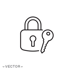 key with lock icon, close padlock concept, thin line symbol isolated on white background, editable stroke eps 10 vector illustration