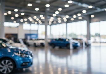 Blurred showroom with new cars. Car dealership interior with generic vehicles, large windows, and bright lights. Automotive industry and retail concept.