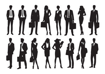 Set Of  Business Man In Suit & Business Woman In Suit Silhouette Vector Illustration White Background