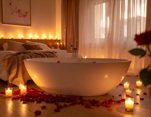 Romantic bathroom scene with candles and rose petals around freestanding tub