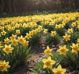 Fototapeta premium Dense cluster of daffodils basking in sunlight, blossom, meadow