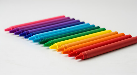 Fototapeta premium Colorful Crayons Arranged in a Rainbow Pattern on white background