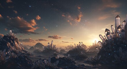 Majestic crystal landscape at dawn digital illustration for fantasy or science fiction