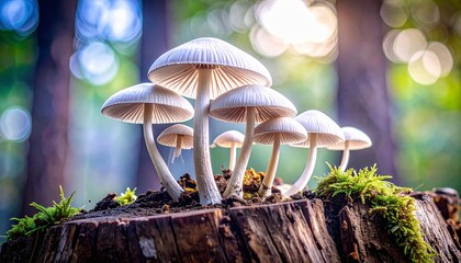Fototapeta premium group of mushrooms sitting on top of a tree stump