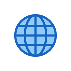 Stylized blue globe with grid lines representing internet connectivity and global communication network design