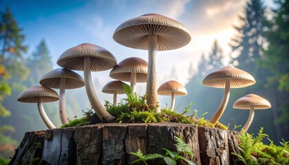 Fototapeta premium group of mushrooms sitting on top of a tree stump