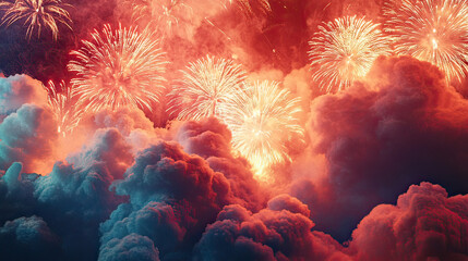 Sky full of Fireworks. Light bursting above clouds. Color explosion. Night celebration. New year holiday. Festive night background. Abstract show. Bursting light. Beautiful sparkles.