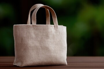 Natural fiber jute bag on wooden table with green background