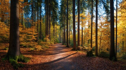 Naklejka premium Sunlit forest path with autumn leaves, peaceful and calm autumn scenery