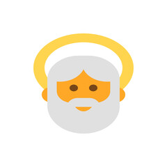 Illustration of a cartoon saint with a white beard and hair and a gold halo above his head smiling softly