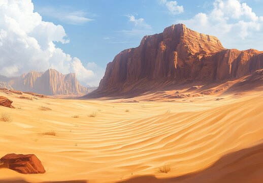 Desert landscape with a mountain in the background. The sky is cloudy and the sun is shining