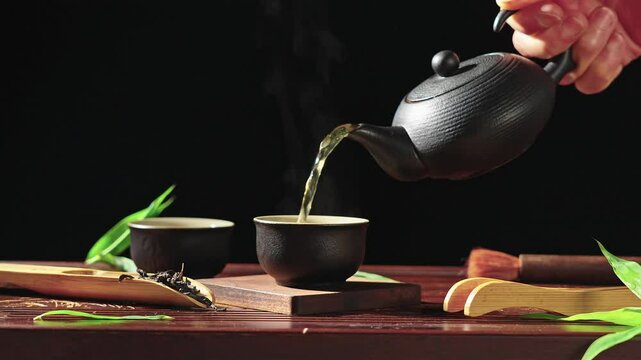 Pouring hot tea into tea cup on table.