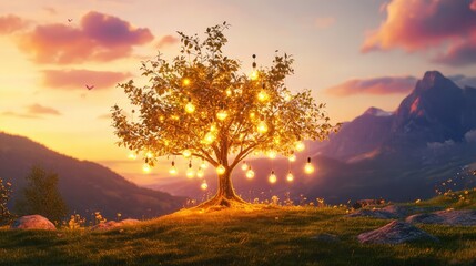 Artistic vision of tree with illuminated lightbulbs, blending nature and human ingenuity