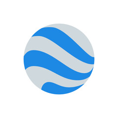 A stylized globe with alternating blue and gray wavy stripes curving across the spherical shape design