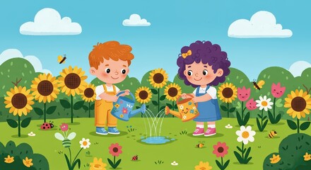 Naklejka premium Children Watering Flowers in a Sunny Garden
