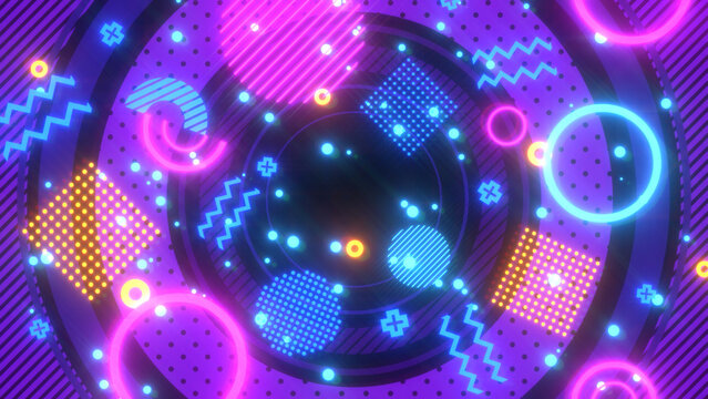 Fototapeta 大きな円の上にメンフィス風の図形や模様が並ぶポップな平面構成 - ネオンカラー