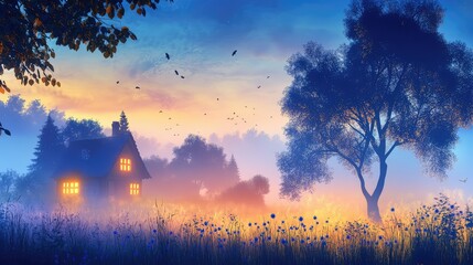 Foggy night scene with glowing windows piercing through mist, trees silhouetted against the blue haze