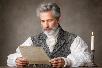 A dramatic candlelit scene of a father reading a personalized letter written in old gothic script on parchment