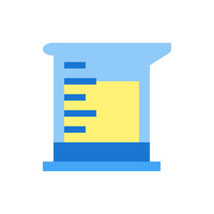 Illustration of a graduated cylinder with a yellow liquid and blue markings on a white background