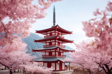 Obraz premium Traditional Japanese pagoda surrounded by cherry blossoms in spring with soft lighting