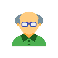 Illustration of an older man with glasses wearing a green shirt and with a bald head and gray hair sides