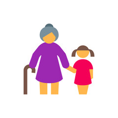 Illustration of a grandmother with gray hair using a cane holding hands with a young girl in a red dress