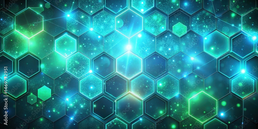 Poster Abstract Hexagon Network Glowing Teal and Green Cellular Structure with Illuminated Nodes and Connections