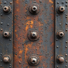 Fototapeta premium Close-up view of rusted metal featuring bolts and rivets, displaying industrial age and decay.