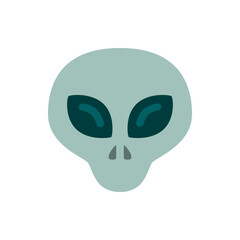 Illustration of a light green alien head with large dark eyes and a small nose on a white background image