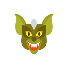 Illustration of a green gremlin face with yellow eyes and sharp teeth on a white background design element