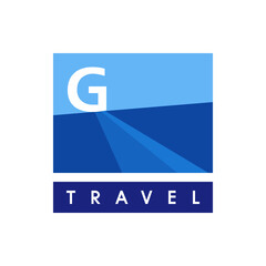 Illustration of a white letter g on a blue and light blue background with the word travel below it in white 100