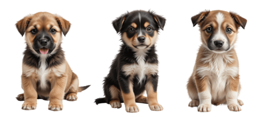 Three Cute Puppies Sitting Together, Isolated on Transparent Background