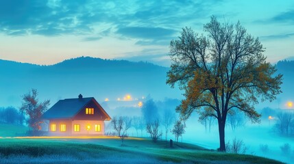 Soft blue fog covers the land as trees stand silent, house lights glowing like a beacon