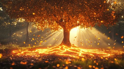 Naklejka premium Tree of light stands tall among forest shadows, glowing roots weaving a radiant pattern below