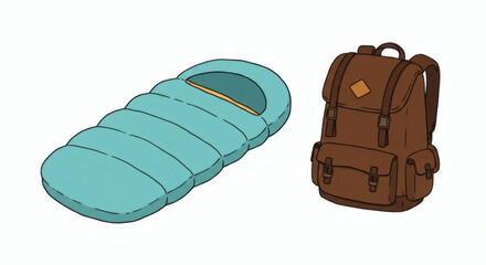 Camping gear Turquoise sleeping bag and brown backpack with pockets