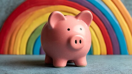 Pink piggy bank in front of a colorful rainbow