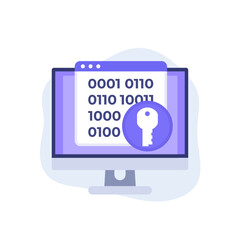 Encryption, key and binary code icon with a computer