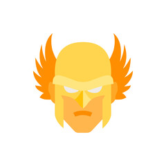 Illustration of a golden superhero with orange wings on the sides of his head and a stern expression