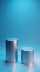 Fototapeta premium Sleek metallic cylinders in varying heights against soft blue background create modern and minimalist aesthetic