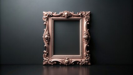 Rose Gold Ornate Frame Against Dark Background, Elegant Empty Picture Frame Mockup for Design Presentation, Ideal for Luxury Branding and Interior Decoration