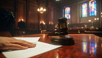 Gavel on Wooden Table in Courtroom with Stained Glass