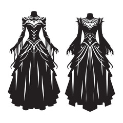 Intricate gothic dress silhouette with layered fabric and lace – Gothic dress vector – Gothic dress illustration – ladies dress silhouette – silhouette of gothic dress

