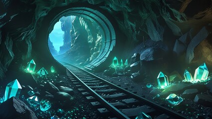 Cartoon game background depicting a crystal-filled mine cave with an underground tunnel entrance inside a mountain coal shaft, featuring a railway track