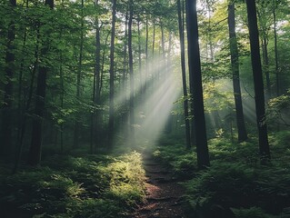 Obraz premium Sunlight filtering through a dense forest