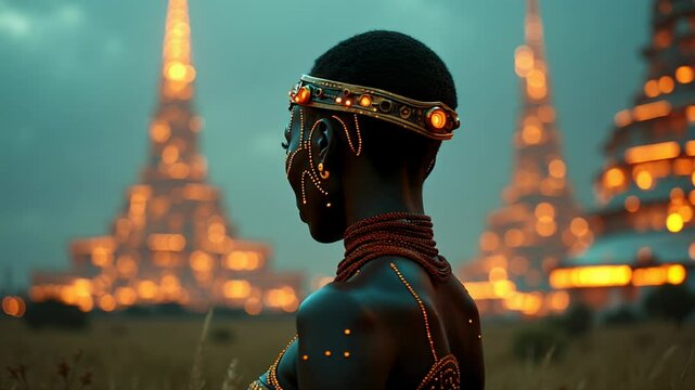 Futuristic African queen with cybernetic crown stands facing a glowing city in the savannah at dusk