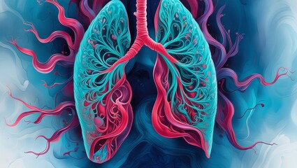 Abstract depiction of human lungs using artistic shapes and colors to represent respiratory anatomy, emphasizing the concept of health, breathing, and the importance of lung function 