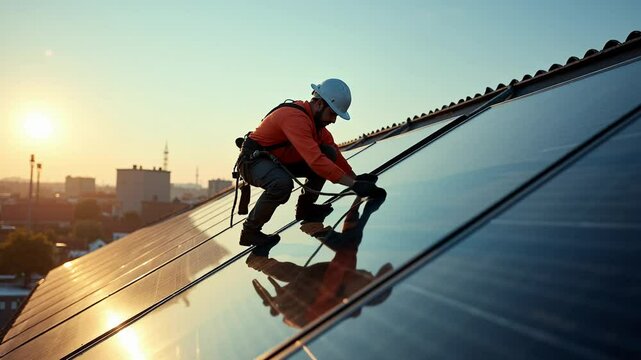 Skillful industrial rope access cleaner maintains solar panels on sloped roof during sunset