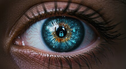 Naklejka premium Close up of a woman eye with digital security icons overlaid on the iris, symbolizing cybersecurity, biometric identification, and data protection concepts.