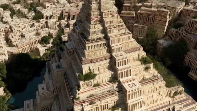 Ancient Ziggurat Temple Complex, High-Angle Architectural Rendering with Lush Greenery and Intricate Details