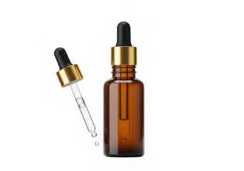 Amber glass bottle with dropper isolated on white background